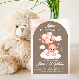 Roze en bruine aardeboardbeer met ballonpartij kaart