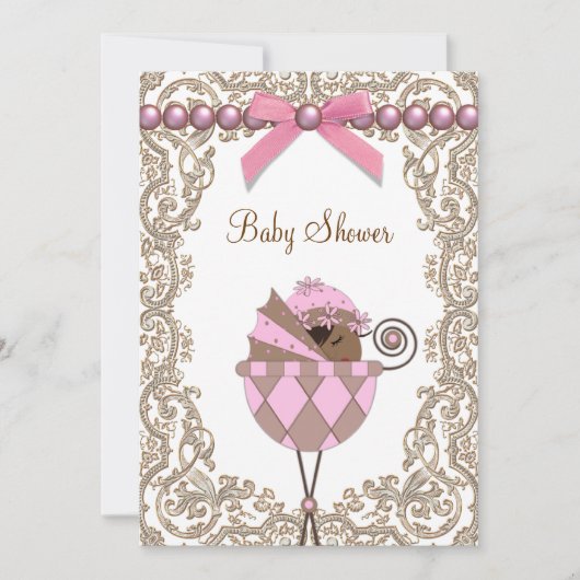 Roze en Bruine Afro-Amerikaanse Baby Girl Shower Kaart (Voorkant)