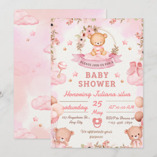 Roze en bruine babyshower uitnodiging