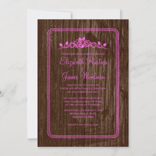 Roze en bruine Barn Wood Wedding Invitaties Kaart (Voorkant)