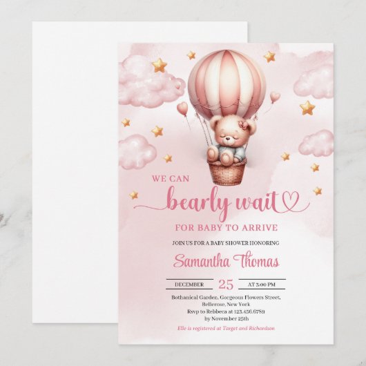 Roze en bruine bearly wachten meisje baby shower kaart (Voorkant / Achterkant)