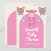 Roze en Bruine Beer Baby Shower Kaart (Voorkant / Achterkant)