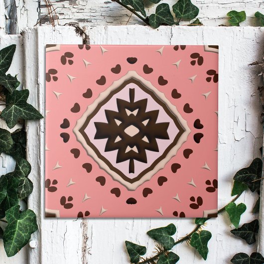 Roze en bruine beige Medallion geometrisch patroon Tegeltje
