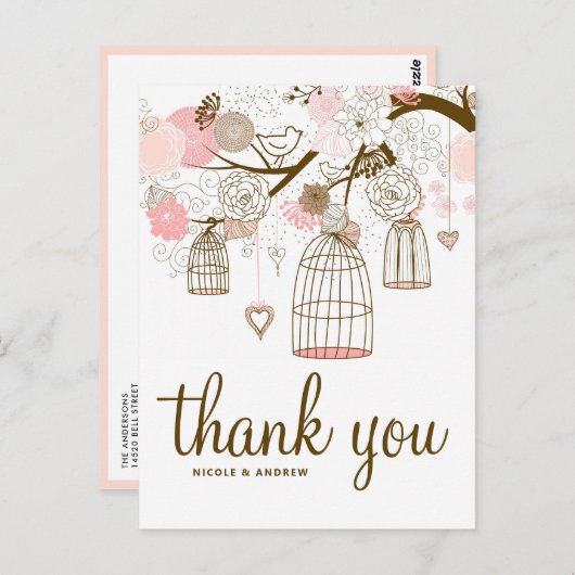 Roze en bruine bloemen & Birdcages Hartelijk dank Briefkaart (Voorkant / Achterkant)