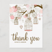 Roze en bruine bloemen & Birdcages Hartelijk dank Briefkaart (Voorkant)