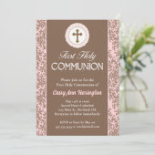 Roze en bruine bloemen Eerste Heilige Communie Kaart (Staand voorkant)