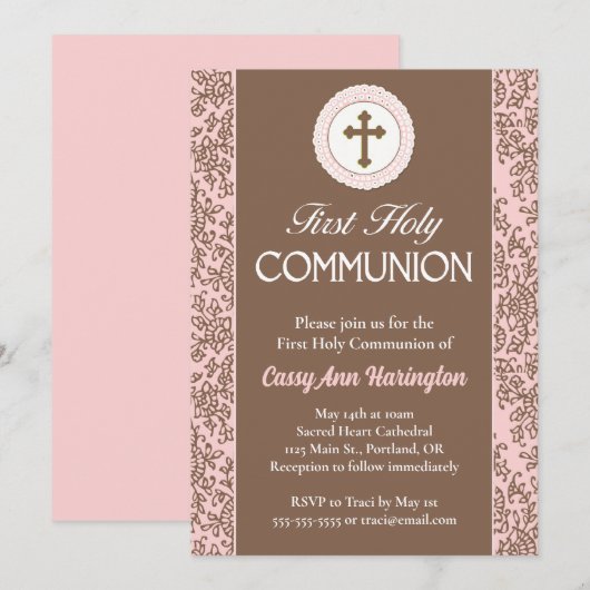 Roze en bruine bloemen Eerste Heilige Communie Kaart (Voorkant / Achterkant)