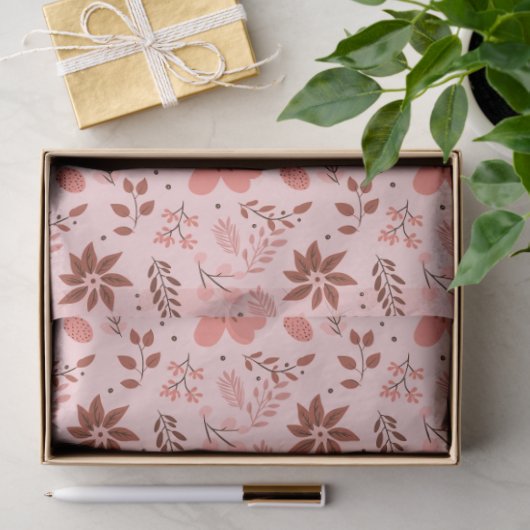 Roze en bruine bloemen verlaten Kerstmis Tissuepapier (Geschenk)