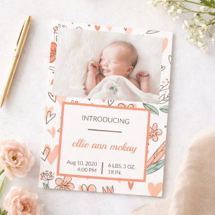 Roze en bruine bloemhart baby-aankondiging kaart