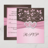 Roze en bruine bloemige verbonden harten RSVP kaar (Voorkant / Achterkant)