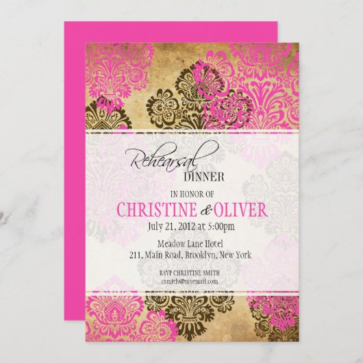 -roze en bruine-bruiloft repetitie kaart (Voorkant / Achterkant)