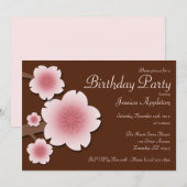 Roze en bruine Cherry Blossom Birthday Party Kaart (Voorkant / Achterkant)