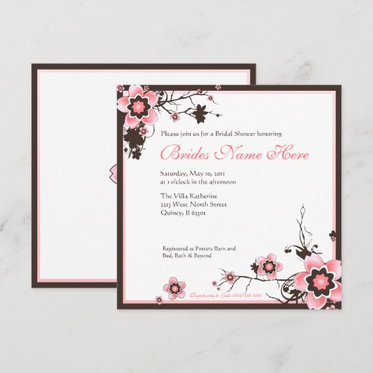 Roze en bruine Cherry Blossom Shower Uitnodiging (Voorkant / Achterkant)