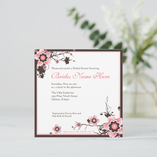 Roze en bruine Cherry Blossom Shower Uitnodiging (Staand voorkant)