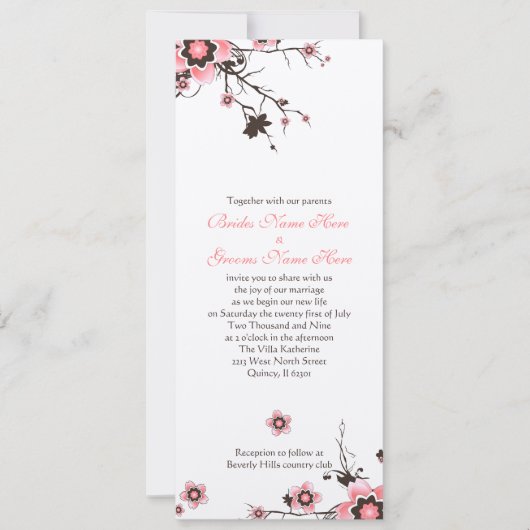 Roze en bruine Cherry Blossom Wedding Invite Kaart (Voorkant)