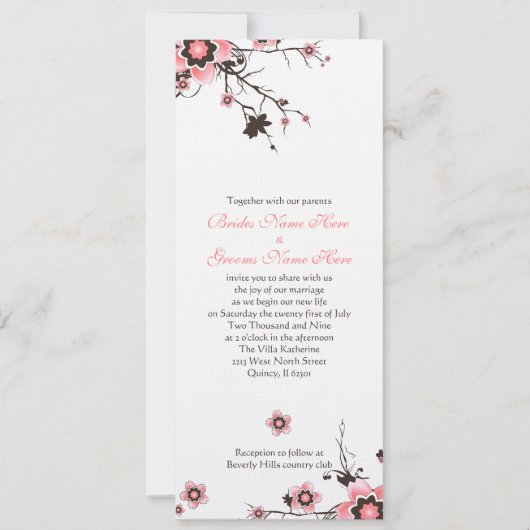 Roze en bruine Cherry Blossom Wedding Invite Kaart (Voorkant)