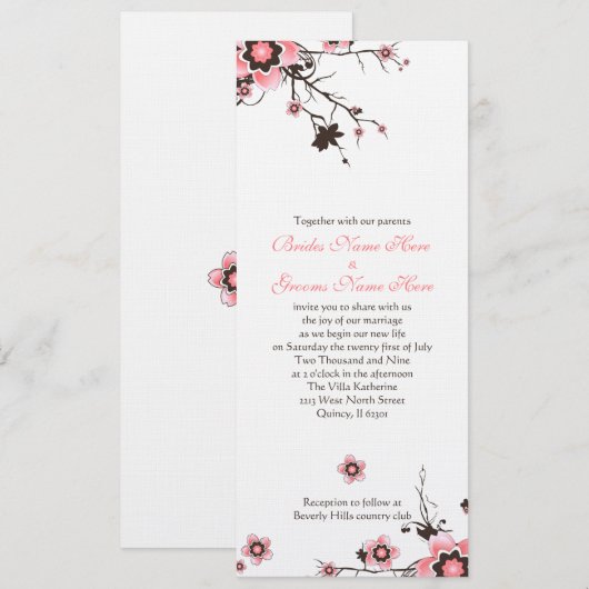 Roze en bruine Cherry Blossom Wedding Invite Kaart (Voorkant / Achterkant)