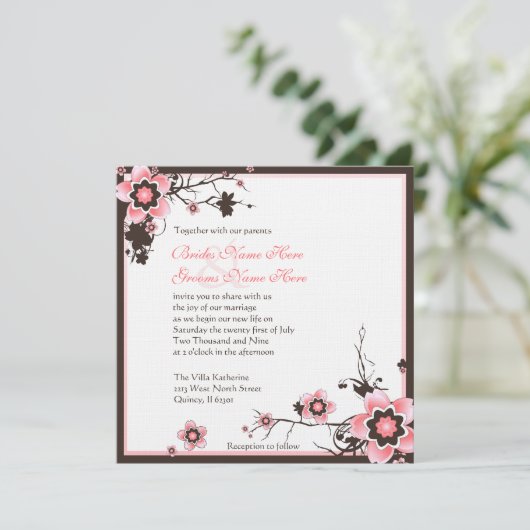 Roze en bruine Cherry Blossom Wedding Uitnodiging (Staand voorkant)