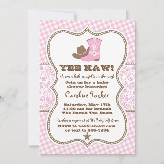 Roze en Bruine Cowgirl Baby shower Uitnodiging (Voorkant)