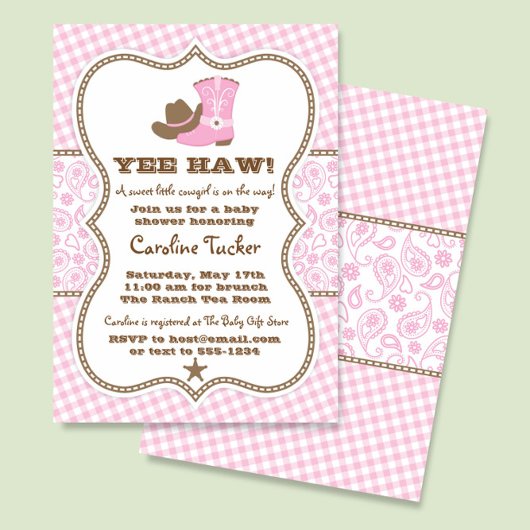 Roze en Bruine Cowgirl Baby shower Uitnodiging