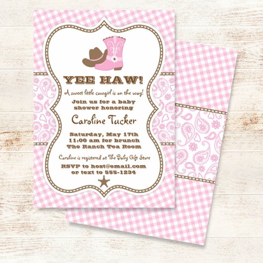 Roze en Bruine Cowgirl Baby shower Uitnodiging
