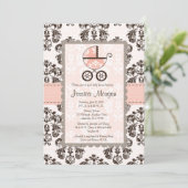 Roze en bruine Damask Baby Shower-uitnodigingen Kaart (Staand voorkant)