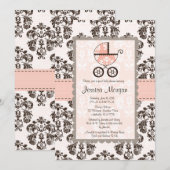 Roze en bruine Damask Baby Shower-uitnodigingen Kaart (Voorkant / Achterkant)