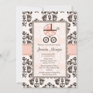Roze en bruine Damask Baby Shower-uitnodigingen Kaart