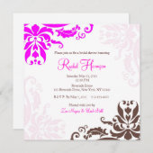 Roze en bruine Damask Bridal Shower Invitation Kaart (Voorkant / Achterkant)