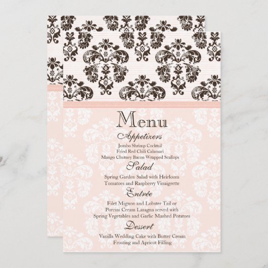 Roze en bruine Damask Wedding-menukaart Menu (Voorkant / Achterkant)