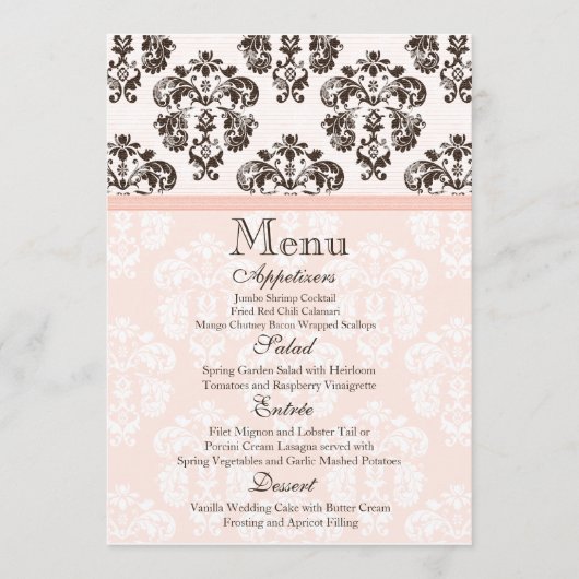 Roze en bruine Damask Wedding-menukaart Menu (Voorkant)