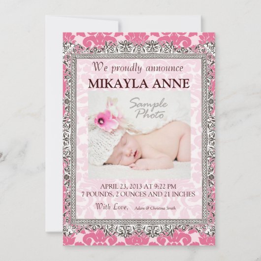 Roze en bruine damast geboorteaankondiging aankondiging (Voorkant)