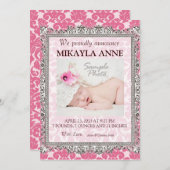 Roze en bruine damast geboorteaankondiging aankondiging (Voorkant / Achterkant)