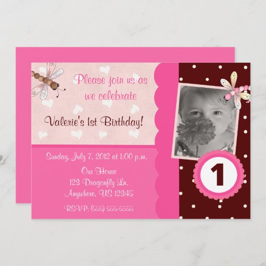 Roze en bruine dragonfly Girls Birthday Invitation Kaart (Voorkant / Achterkant)