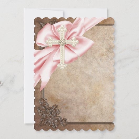 Roze en Bruine Dwars Eerste Heilige Communie Kaart (Achterkant)