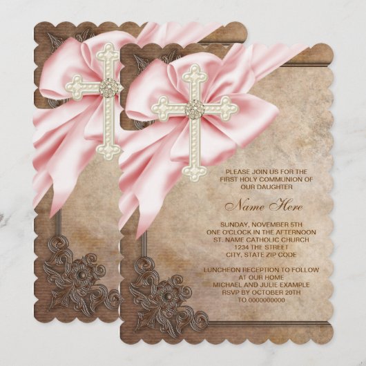 Roze en Bruine Dwars Eerste Heilige Communie Kaart (Voorkant / Achterkant)
