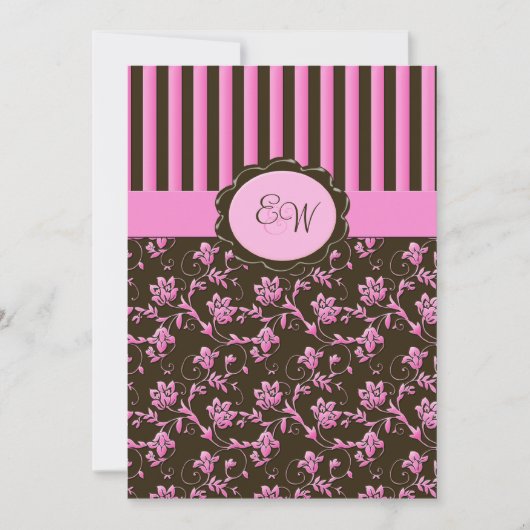 Roze en bruine Floral Stripe Monogram Kaart (Voorkant)