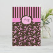 Roze en bruine Floral Stripe Monogram Kaart (Staand voorkant)