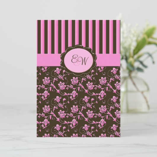 Roze en bruine Floral Stripe Monogram Kaart (Staand voorkant)