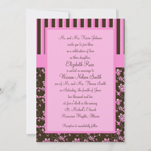 Roze en bruine Floral Stripe Monogram Kaart (Achterkant)