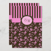 Roze en bruine Floral Stripe Monogram Kaart (Voorkant / Achterkant)