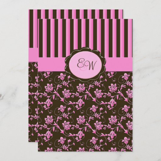 Roze en bruine Floral Stripe Monogram Kaart (Voorkant / Achterkant)