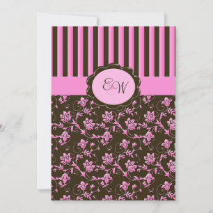 Roze en bruine Floral Stripe Monogram Kaart
