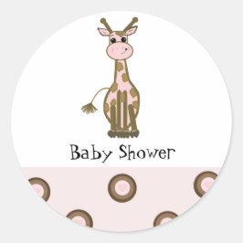 Roze en bruine giraffe baby shower ronde sticker