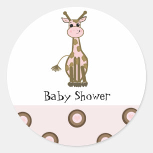 Roze en bruine giraffe baby shower ronde sticker