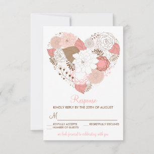 Roze en bruine hartbloemen Huwelijks RSVP kaart