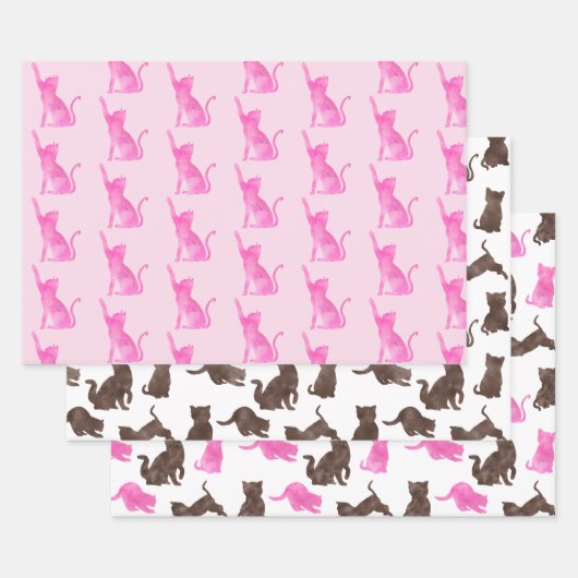 Roze en Bruine Kitty Katten Inpakpapier Vel (Set)