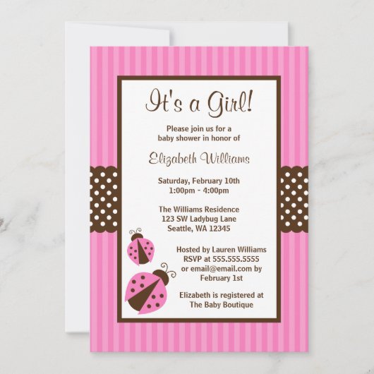 Roze en bruine ladybug Striped Stippen Baby shower Kaart (Voorkant)