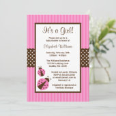 Roze en bruine ladybug Striped Stippen Baby shower Kaart (Staand voorkant)