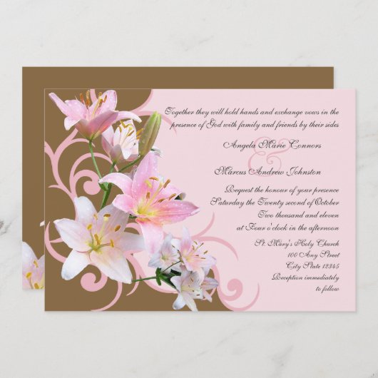 Roze en bruine lelie bruiloft kaart (Voorkant / Achterkant)